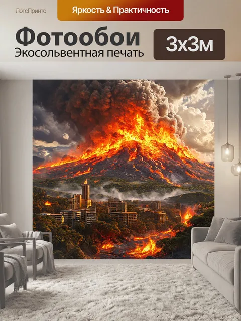 Фотообои извержение вулкана, горящий город, столб дыма