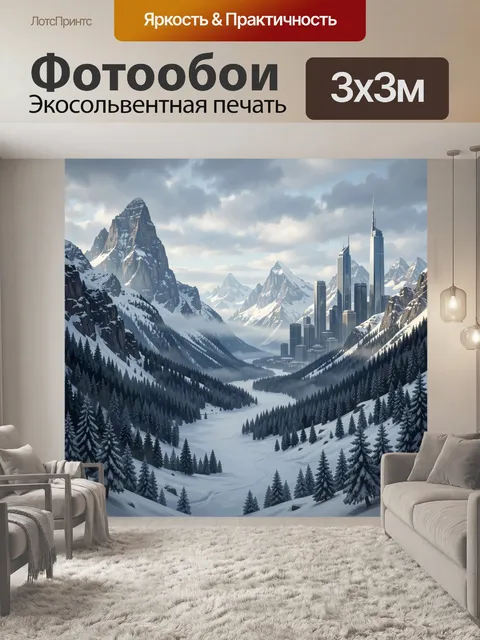 Фотообои Зимние горы и городской силуэт