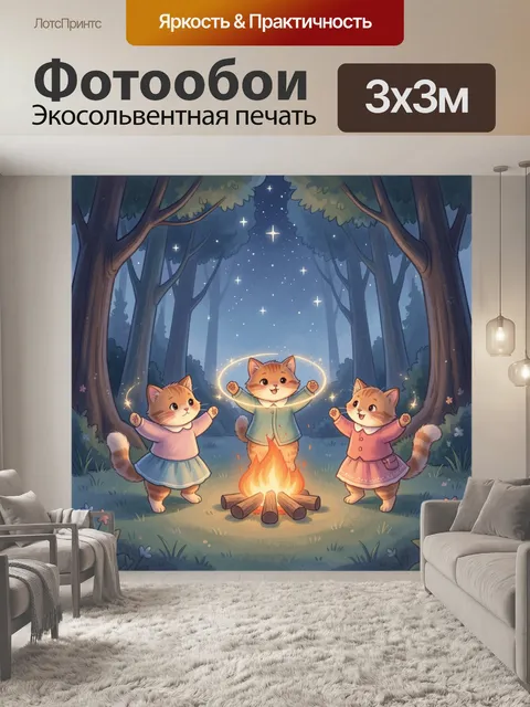 Фотообои Три котёнка у костра в лесу