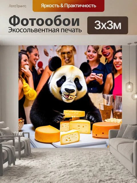 Фотообои панда кушает различные сыры на вечеринке, окруженная друзьями и весельем
