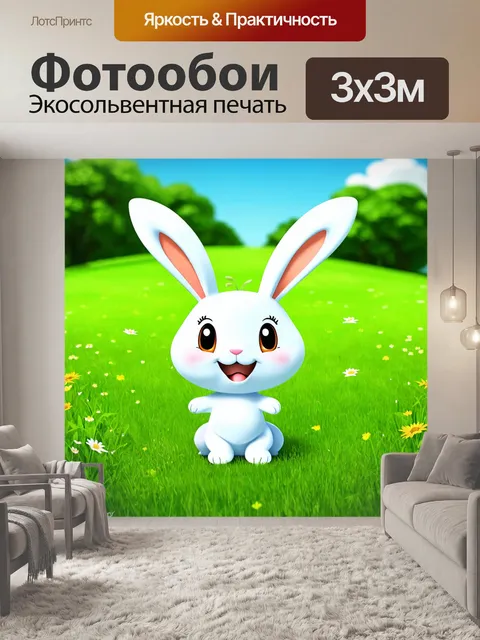Фотообои зеленые в стиле мультяшный с улыбающейся лужайкой и милым зайцем
