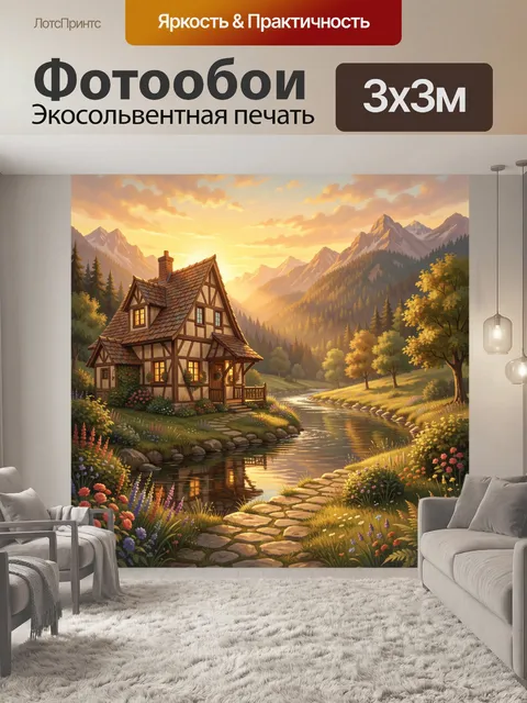 Фотообои Альпийская хижина у реки