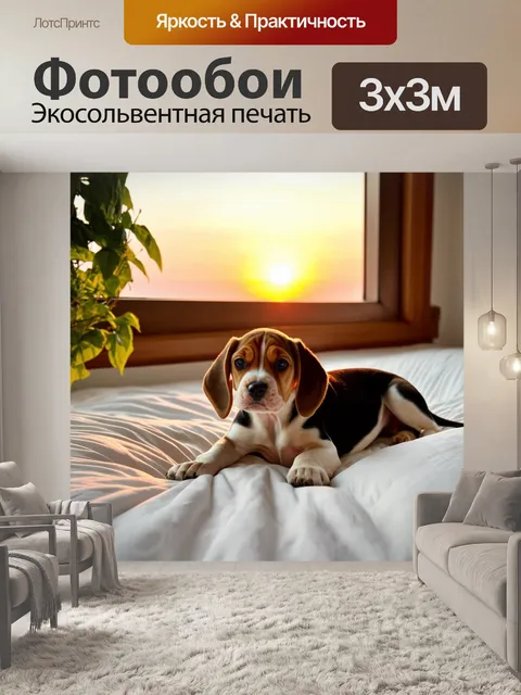 Фотообои Щенок бигля лежит на белой кровати у окна с видом на закат, рядом с растением, в комнате с тёплым освещением