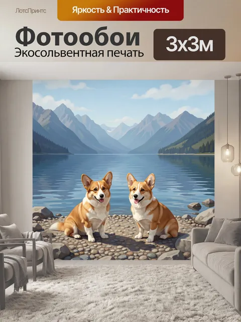 Фотообои Два корги у горного озера