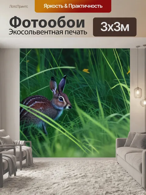 Фотообои заяц, прячущийся в высокой траве леса