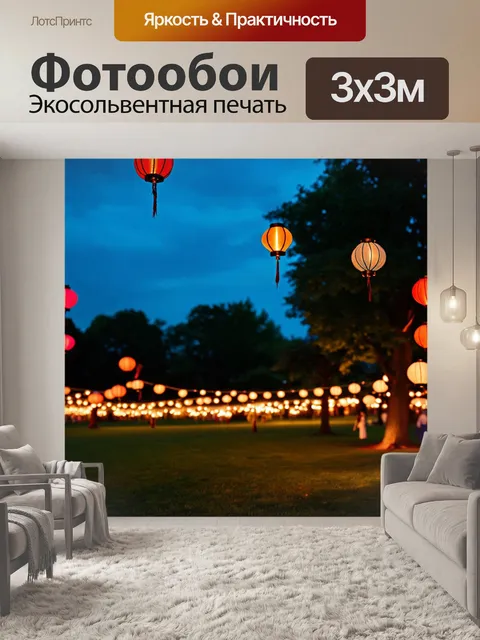 Фотообои летний вечер с множеством огней в парке, где нарядные фонари создают романтическую атмосферу