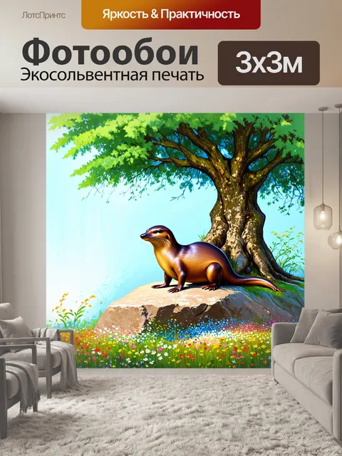 Фотообои утконос, восседающий на крупном камне под громоздким деревом, с пестрой лужайкой и цветами вокруг