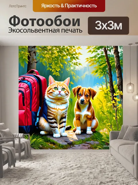 Фотообои очаровательный кот и веселый щенок собирают рюкзаки для похода