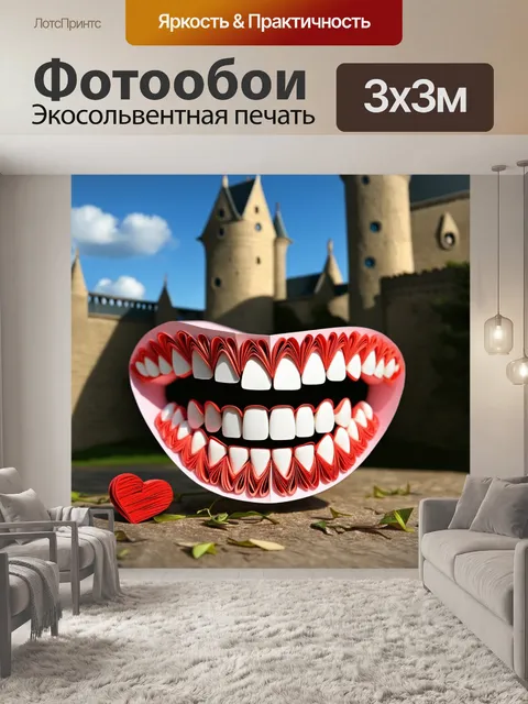 Фотообои улыбающиеся зубы, сделанные из бумаги в технике квиллинга, на фоне старинного замка, романтический стиль и…