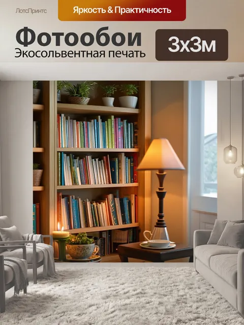 Фотообои тихий уголок дома с книжными полками, выполненными из светлого дерева, полными ярких обложек книг