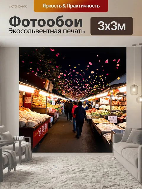 Фотообои япония: уютный вечерний рынок, где представлены местные продукты, а вдоль стеллажей горят яркие огоньки