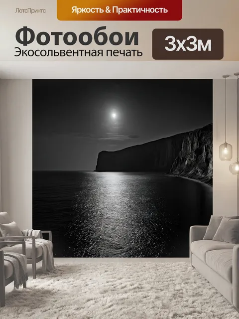 Фотообои море в стиле черно-белый, с крутыми скалами, выступающими из воды под светом луны