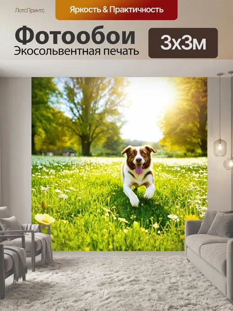Фотообои с собакой, которая играет на зеленом лугу, вокруг цветы и деревья, яркое солнце светит сверху, счастливая…