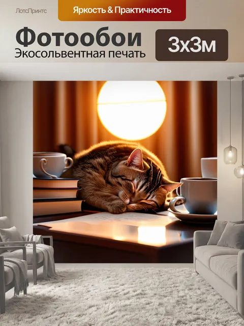 Фотообои восходящее солнце освещает спящего кота на столе, окруженного чашками с кофе и книгами