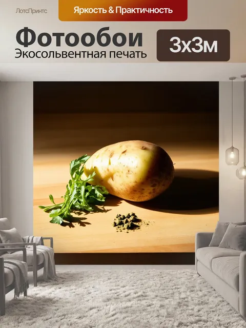 Фотообои картофель, лежащий на деревянном столе, окружённый свежими зелеными травами и специями