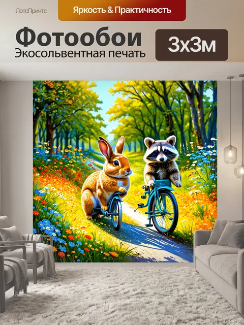 Фотообои заяц и енот путешествуют на старом велосипеде, собирая дикие цветы по дороге