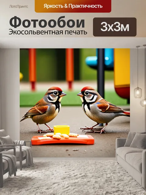 Фотообои романтическая встреча между двумя очаровательными воробьями на детской площадке, где они brinquedos и угощения
