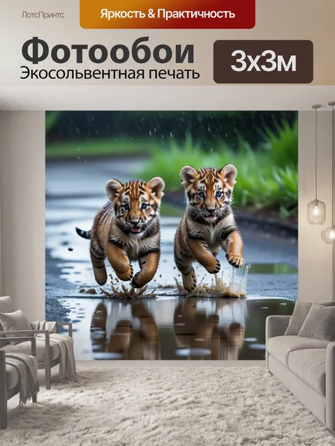 Фотообои тигрята, прыгающие через лужи после дождя
