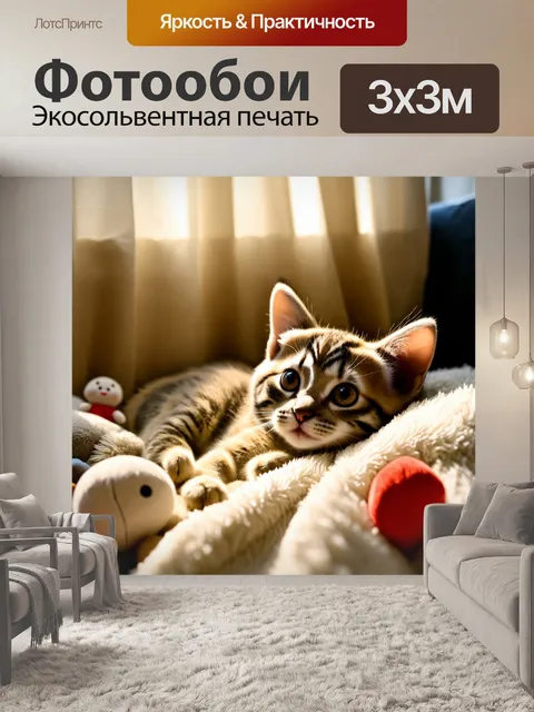 Фотообои котенок, уютно устроившийся на мягком пледе, мягкое утреннее солнце пробивается сквозь шторы и освещает его…
