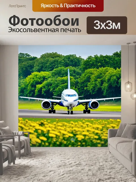 Фотообои самолет, стоящий на взлетной полосе, окруженный зелеными деревьями и цветами