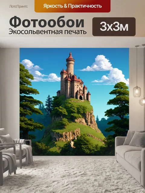 Фотообои древний замок на вершине холма, окруженный густым лесом, выполненный в технике графики