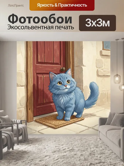 Фотообои Пушистый голубой кот у двери