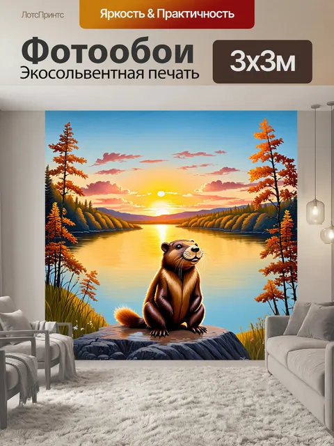 Фотообои бобр, сидящий на высоком берегу с видом на озеро, с горизонтом на закате