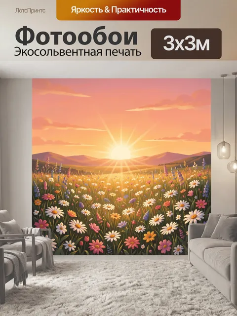 Фотообои Луг цветов на фоне закатных гор