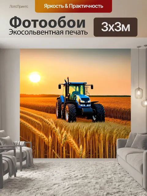 Фотообои трактор, работающий на поле пшеницы в вечернем свете, его металлические детали отражают последние лучи солнца