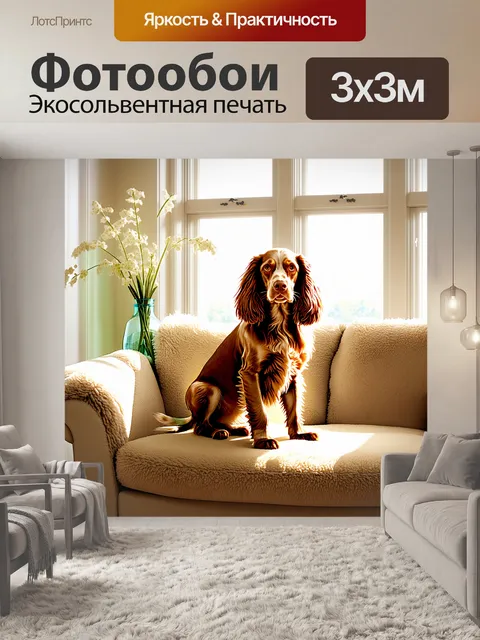 Фотообои уютная сцена с английским кокер-спаниелем, сидящим на мягком плюшевом диване в солнечной комнате