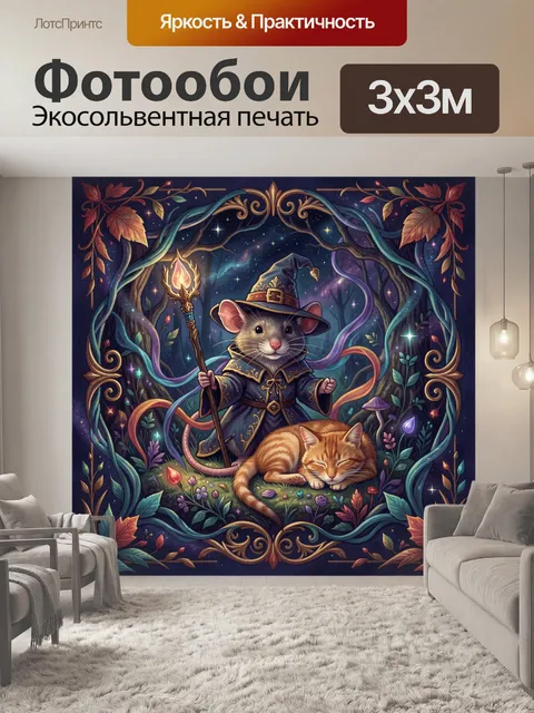 Фотообои Волшебный мышонок и спящий котёнок