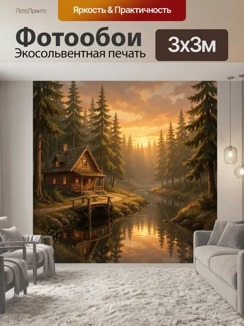 Фотообои Лесной домик у реки на закате
