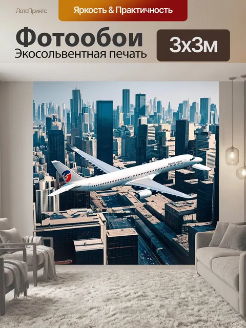Фотообои самолет в стиле минимализм на фоне современного мегаполиса