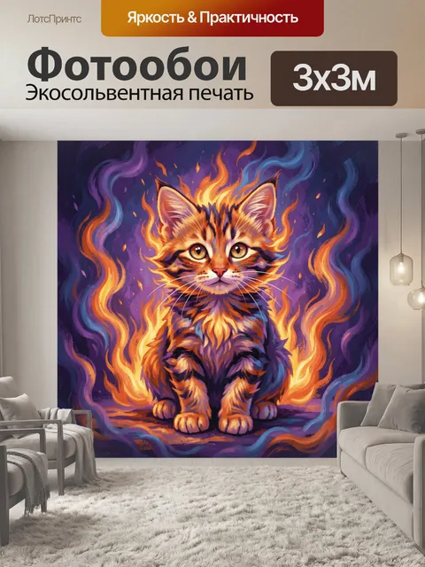 Фотообои Кот-феникс в огне и пламени