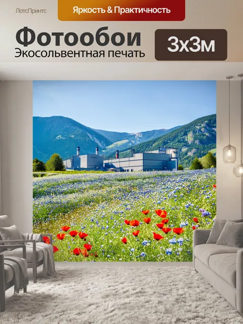 Фотообои завод в горах, окруженный полевыми цветами, такими как василёк и маки