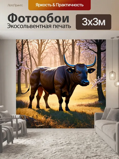 Фотообои прекрасный бык, стоящий у края леса на рассвете, когда первые лучи солнца освещают его фигуру