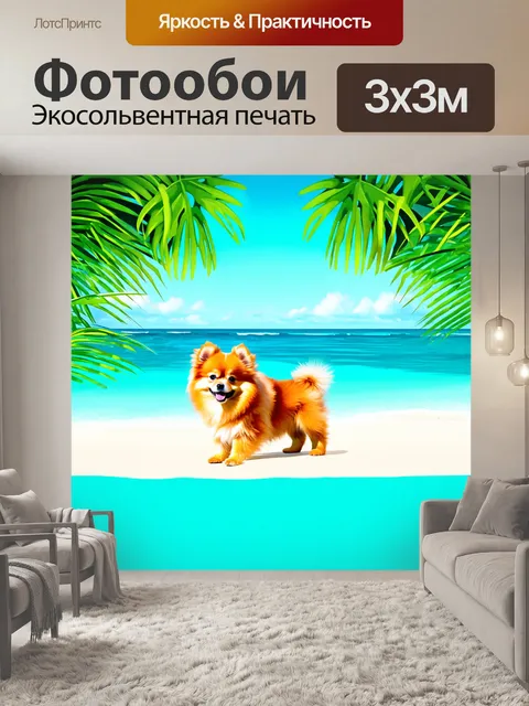 Фотообои экзотический тропический фон с померанским шпицем, щенком, исследующим пляж с белым песком и бирюзовой водой