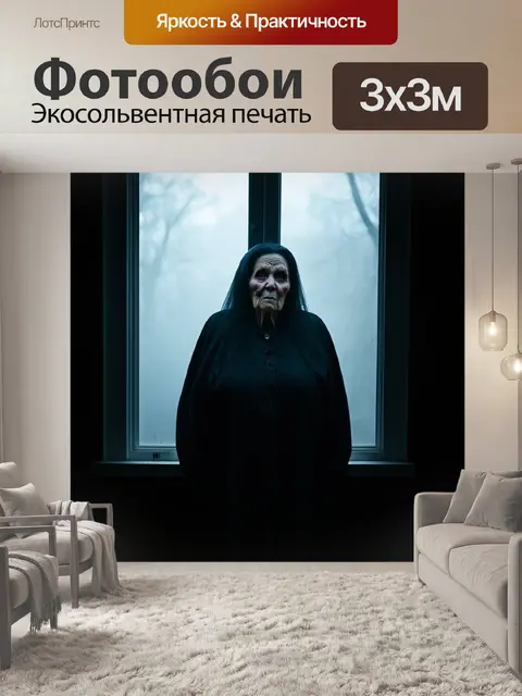 Фотообои хэлуин: злая старуха, стоящая у окна, запечатанная в тумане