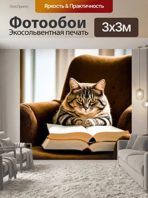 Фотообои кот, устроившийся в уютном кресле с книгой в лапах