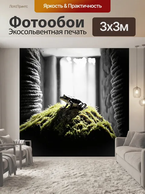 Фотообои лягушка, сидящая на покрытом мхом камне, окружена стенами из связанных шелковых нитей