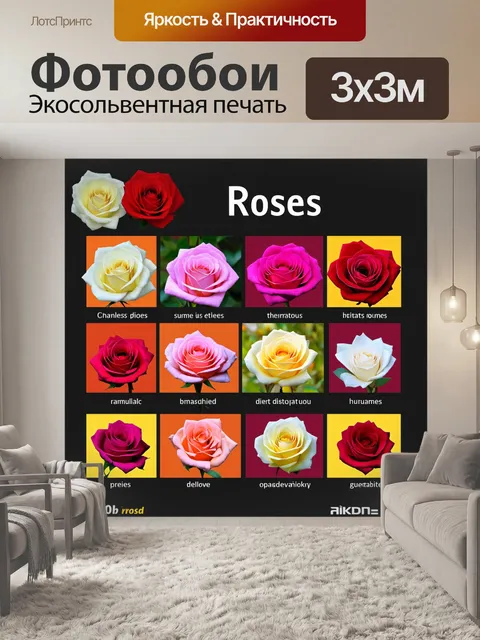 Фотообои розы в стиле инфографический рисунок, цветовые блоки с описаниями различных видов роз