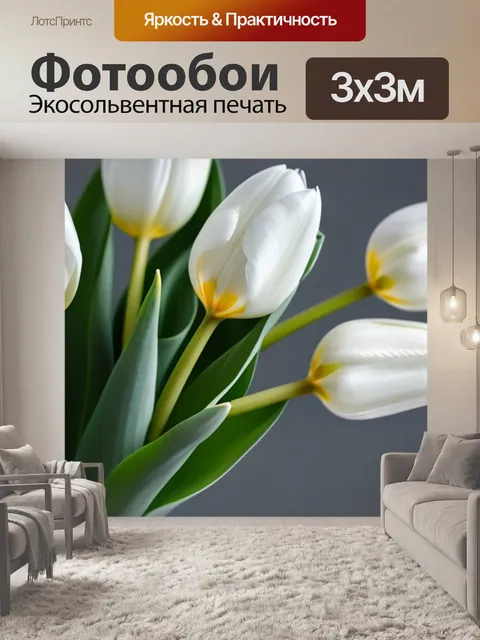 Фотообои белые тюльпаны на сером фоне