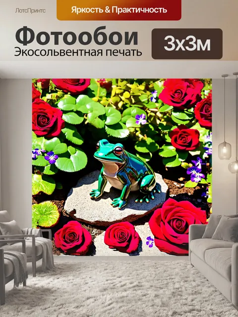 Фотообои в центре мирного сада расположена изящная фигурка жабы, выполненная в технике керамики