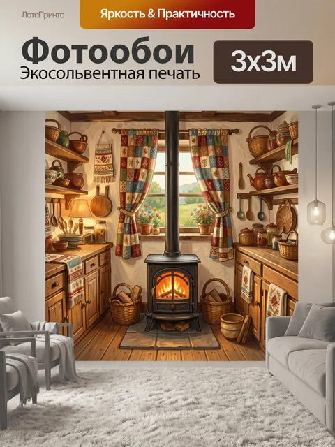 Фотообои Уютная кухня с печью и окном