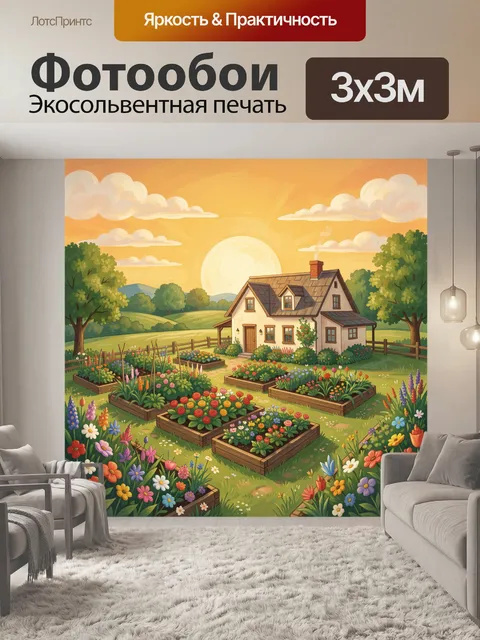 Фотообои Сад у уютного дома на закате