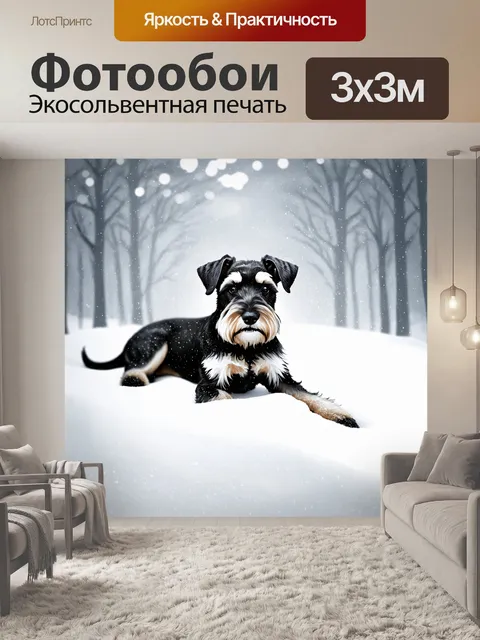Фотообои цвергшнауцер, отдыхающий в глубоких зимних снегах, его черная шерсть контрастирует с белизной окружения