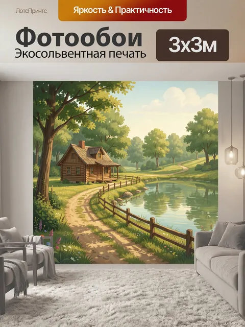 Фотообои Домик у пруда в лесу