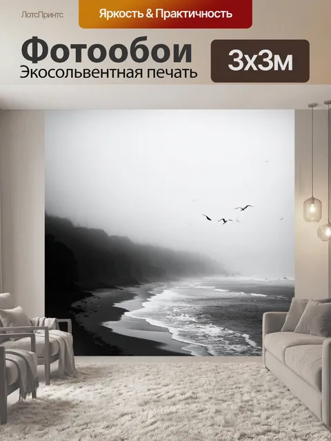 Фотообои туман в стиле черно-белый, береговая линия с летающими птицами, замаскированная в тумане