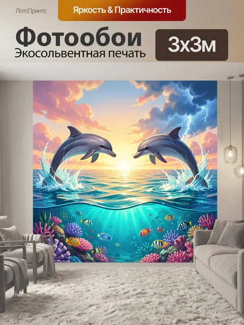 Фотообои Дельфины над морем на закате