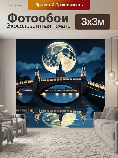 Фотообои мост, освещённый луной, его отражение в темной воде невы
